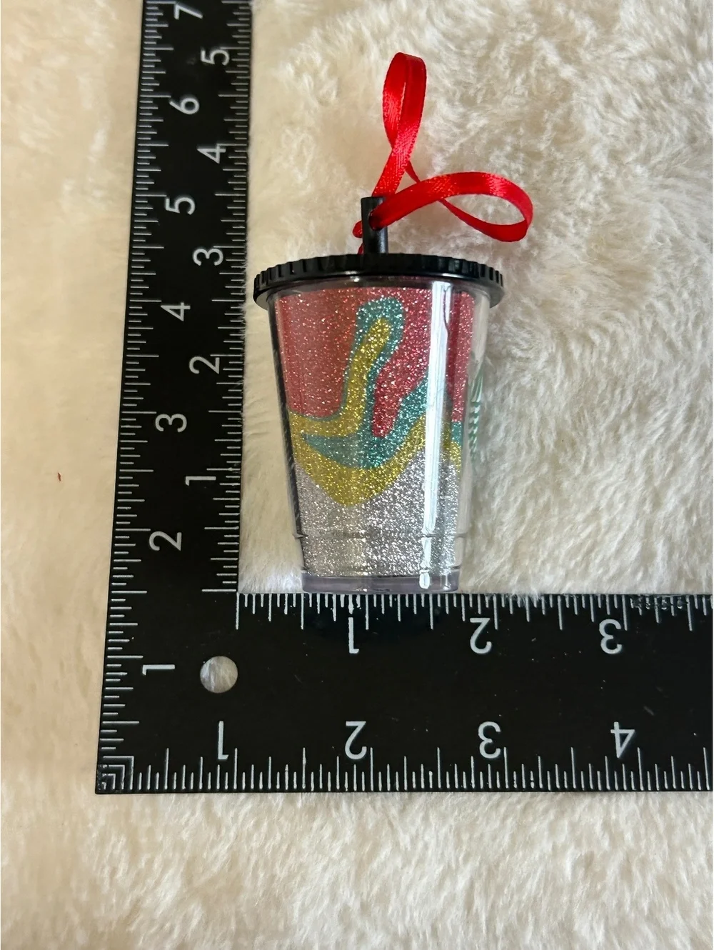 Starbucks Mini Glitter Tumbler Ornament with Straw and Red Ribbon